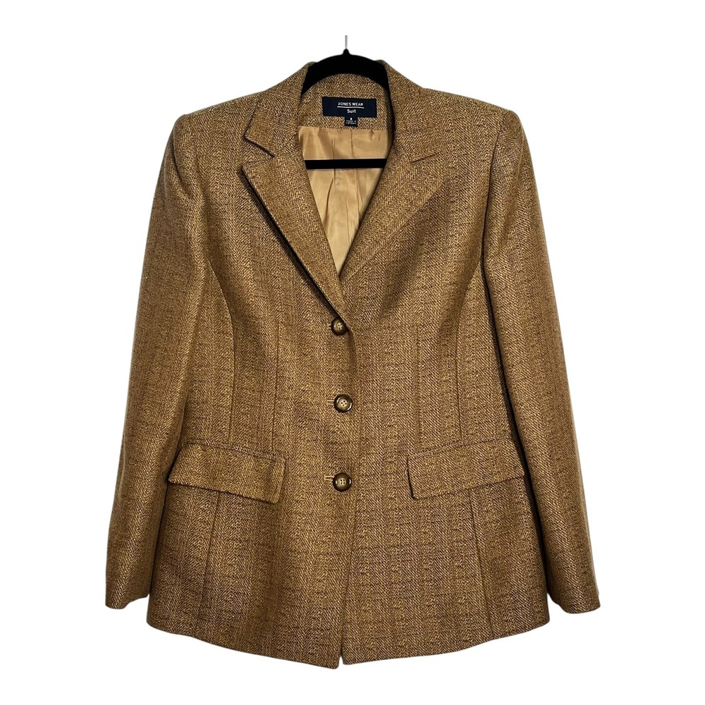 Jones Wear Suit Womens Size 8 Camel Brown Herringbone 3-Button Blazer Jacket‎